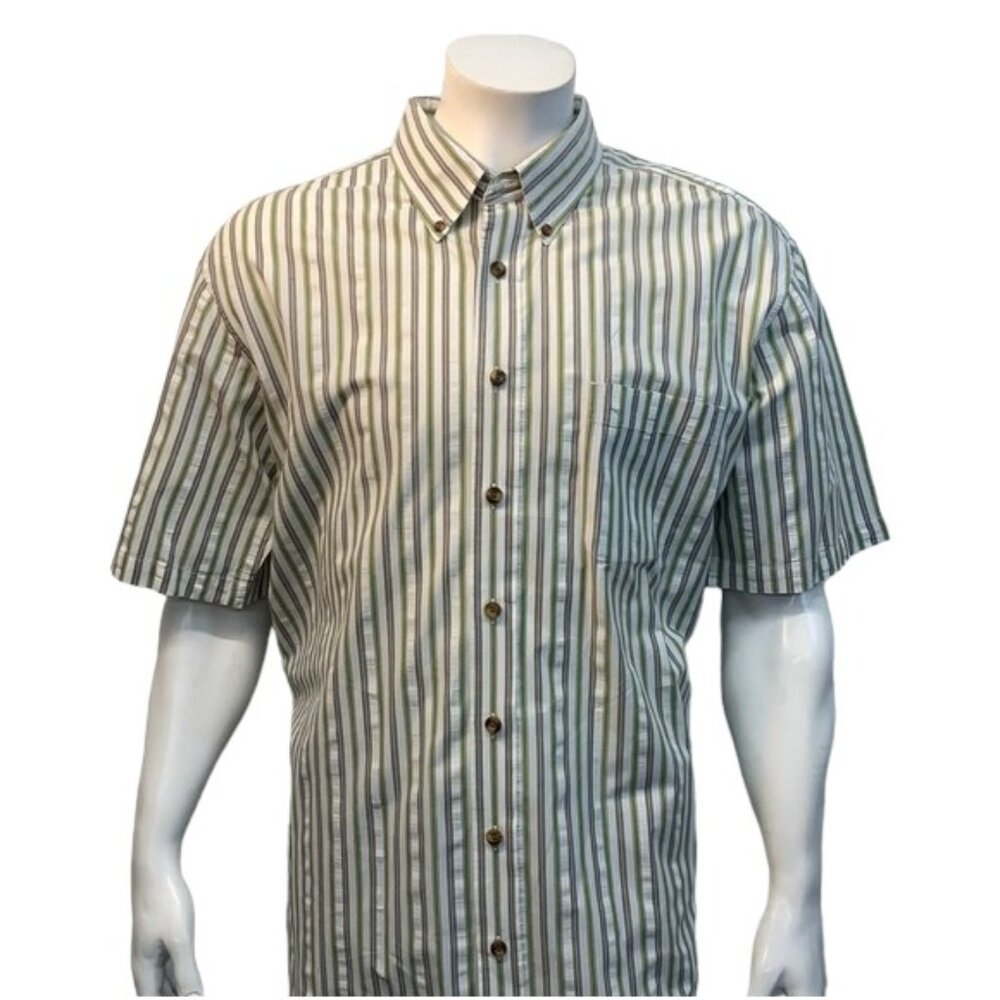 Eddie Bauer White Green Blue Striped Shirt XL Tall